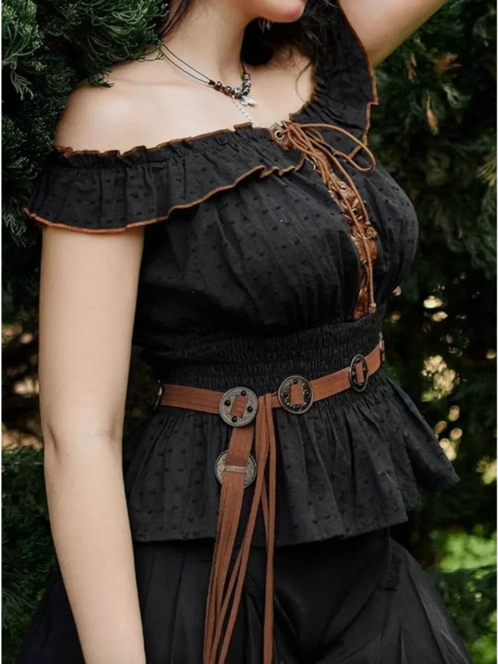 Brown Bohemian Faux Leather Belt With Metal Accents & Tassels - Adjustable